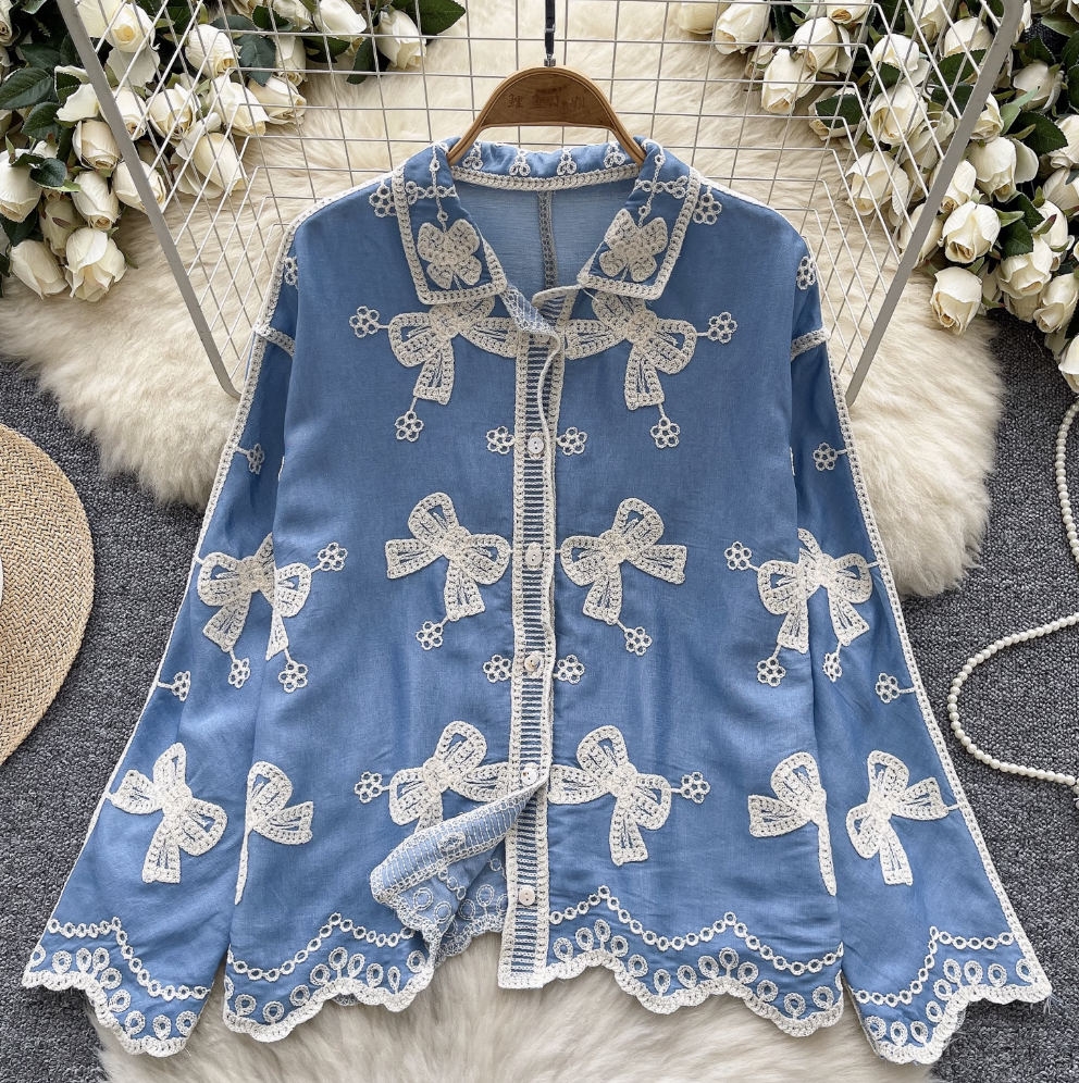 Vintage Embroidered Bow-tie Shirt