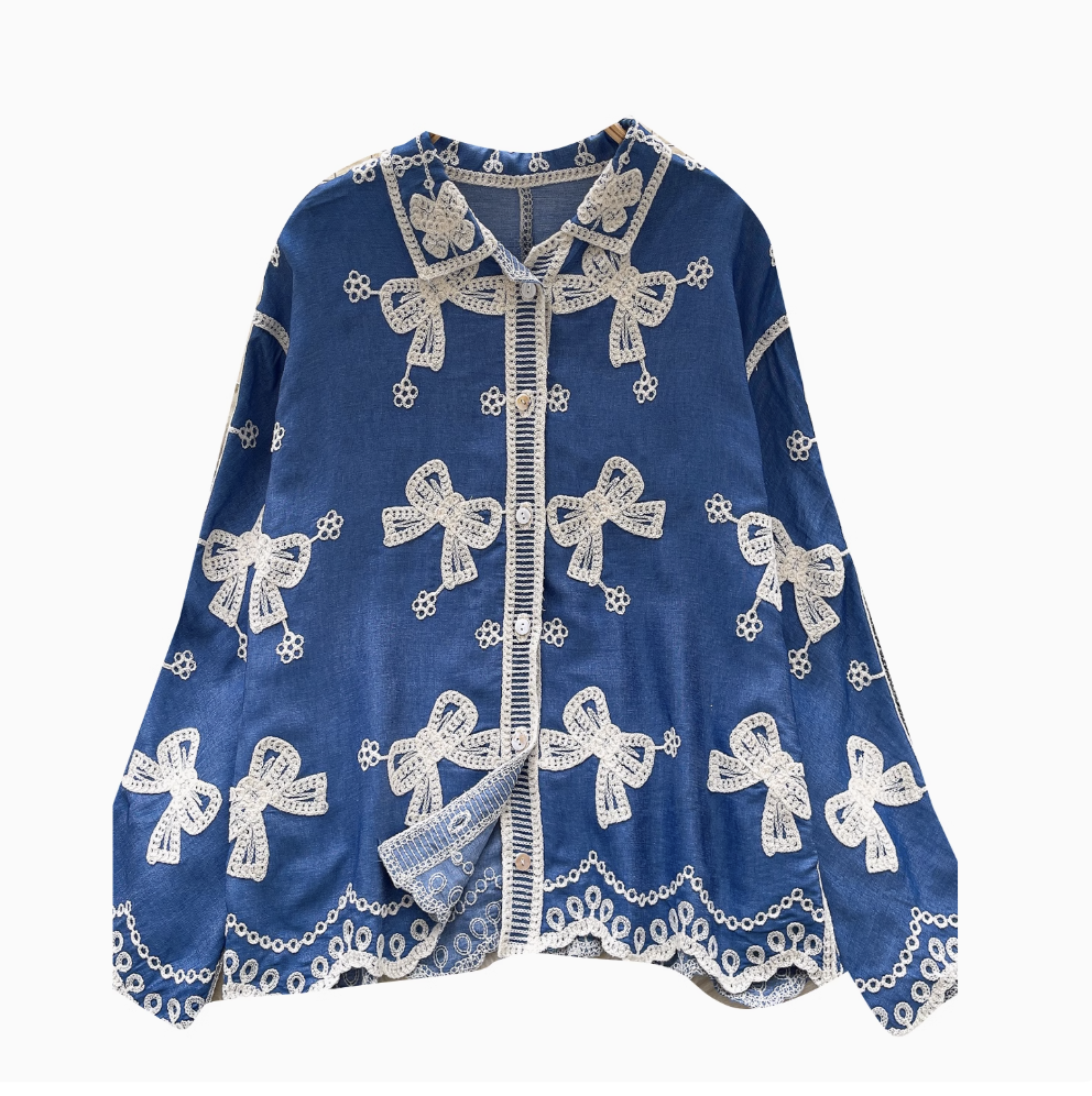 Vintage Embroidered Bow-tie Shirt