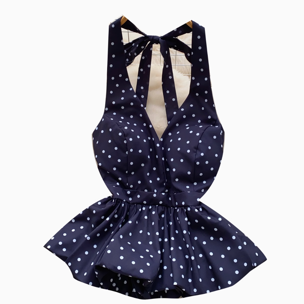 V-neck Polka Dot Ruffled Halter Top