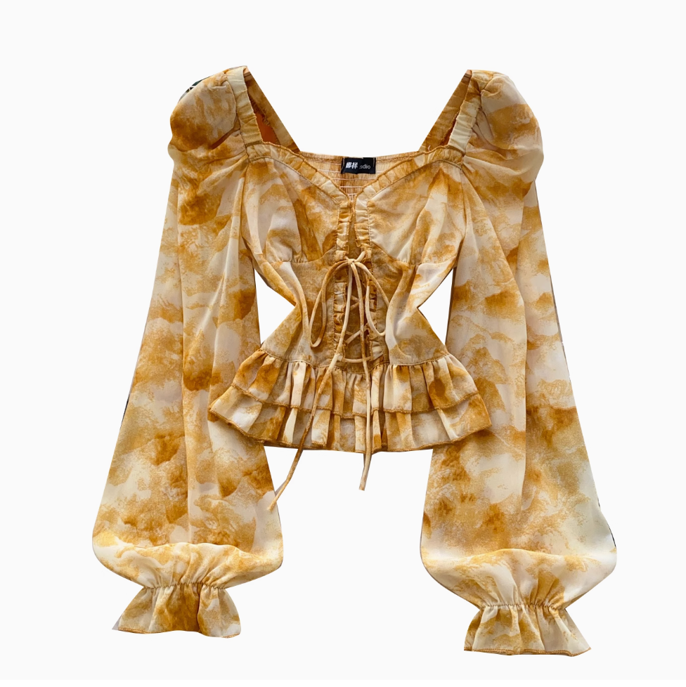 Lace-up Floral Ruffled Chiffon Top