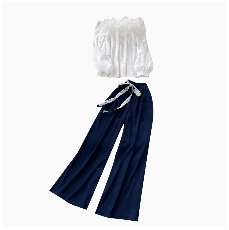Off-shoulder Chiffon Shirt & Trousers 2Pcs