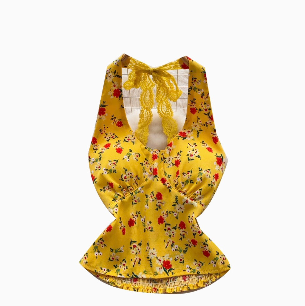 Sexy Spitzen-Neckholder-Top mit Blumenmuster