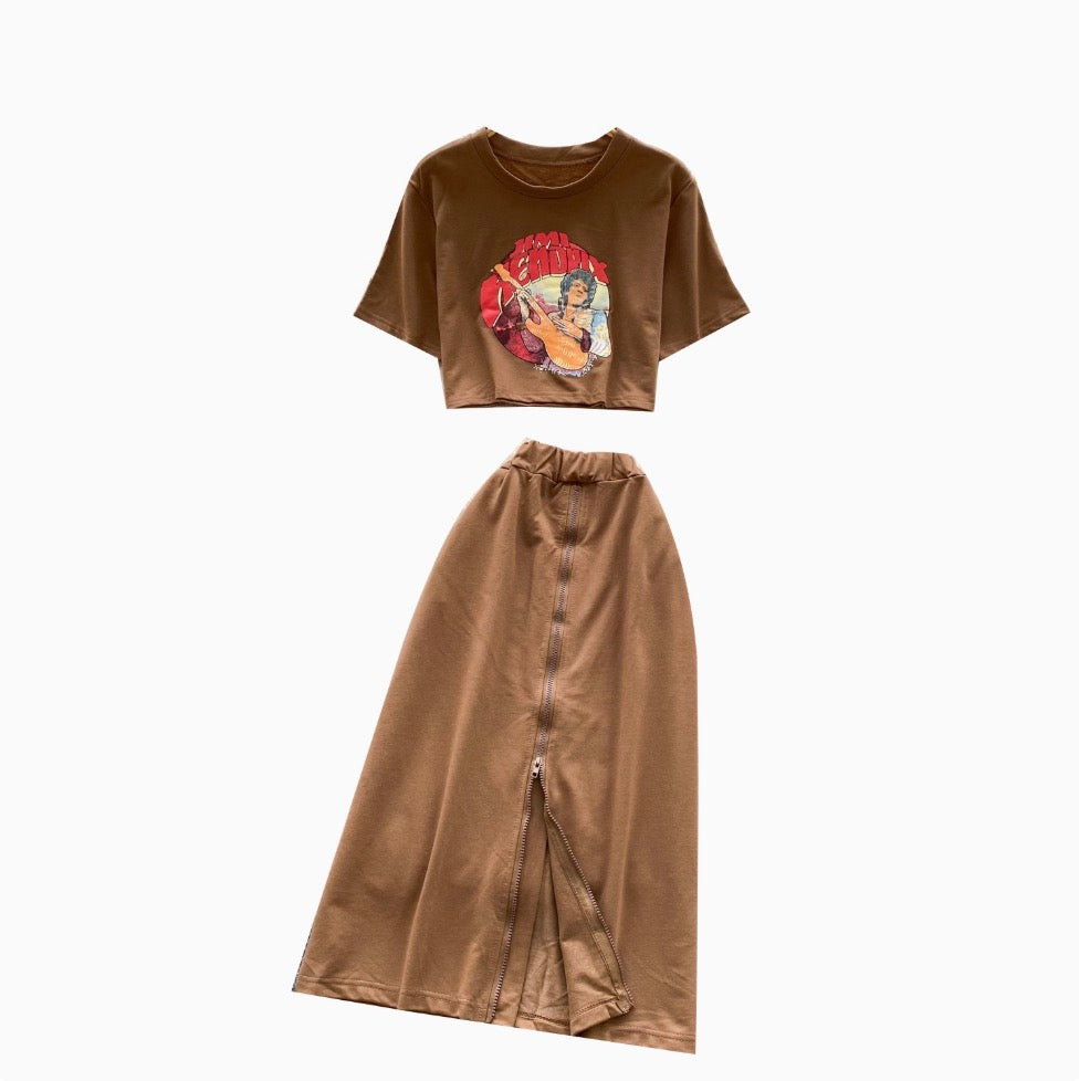Painting Printed T-shirt & Split Skirt Set