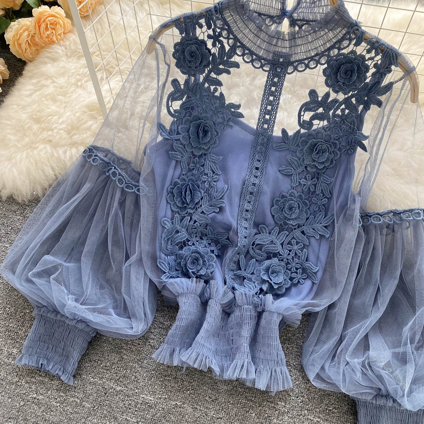 Ethereal Mesh Lantern-Sleeve Blouse