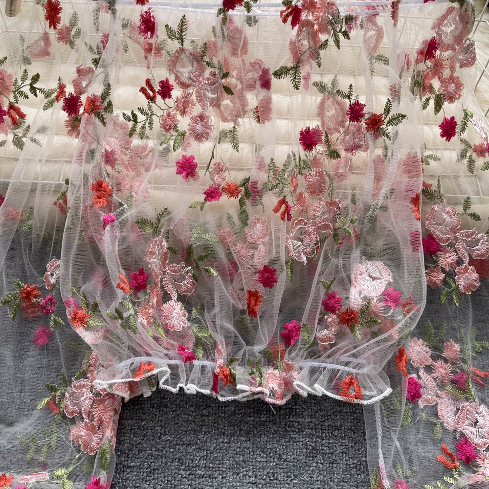Delicate Floral Embroidery Neckline Blouse