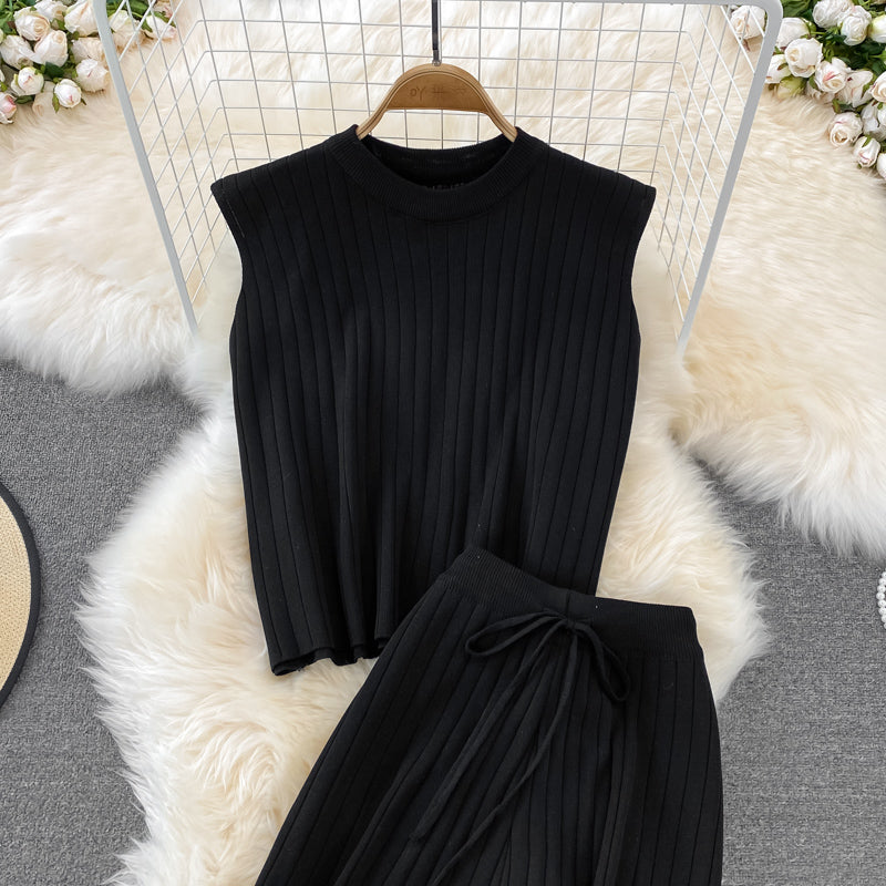 Knit Sleeveless Top Wide Leg Pants Two Piece Set