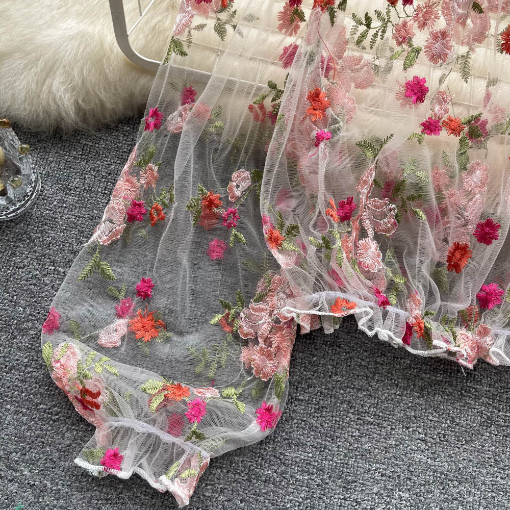 Delicate Floral Embroidery Neckline Blouse
