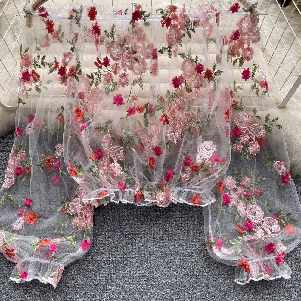 Delicate Floral Embroidery Neckline Blouse