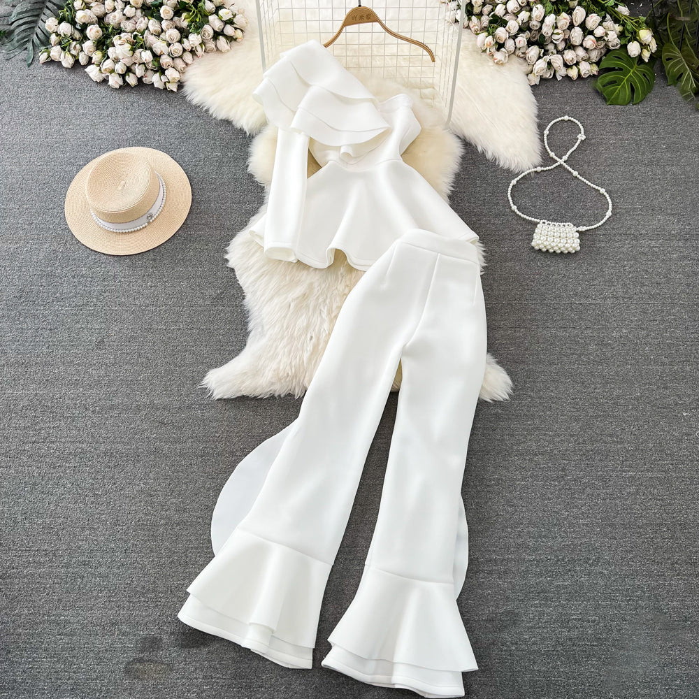 Asymmetrical Ruffle One-Shoulder Top & Palazzo Pants Set