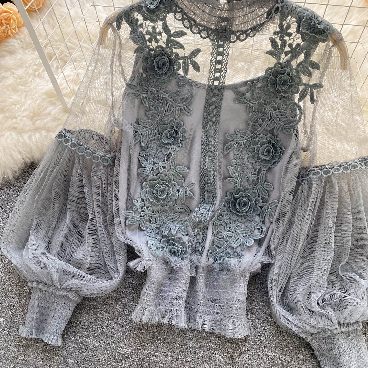 Ethereal Mesh Lantern-Sleeve Blouse