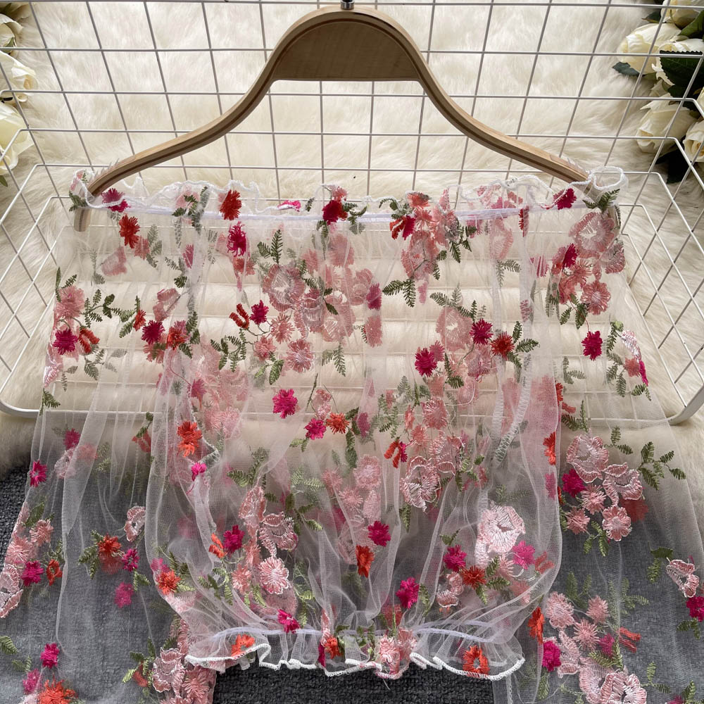 Delicate Floral Embroidery Neckline Blouse