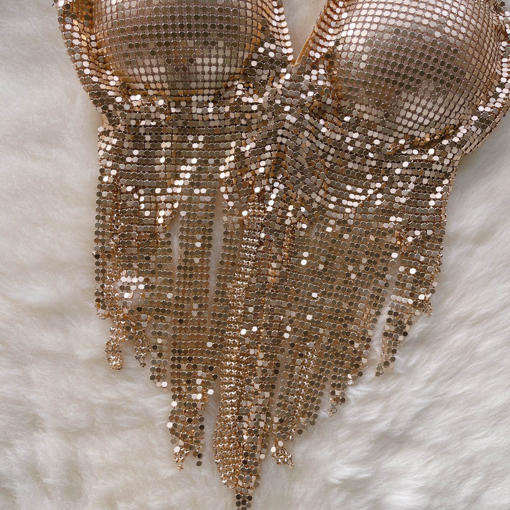 Disco Sequin Halter Vest with Long Tassels