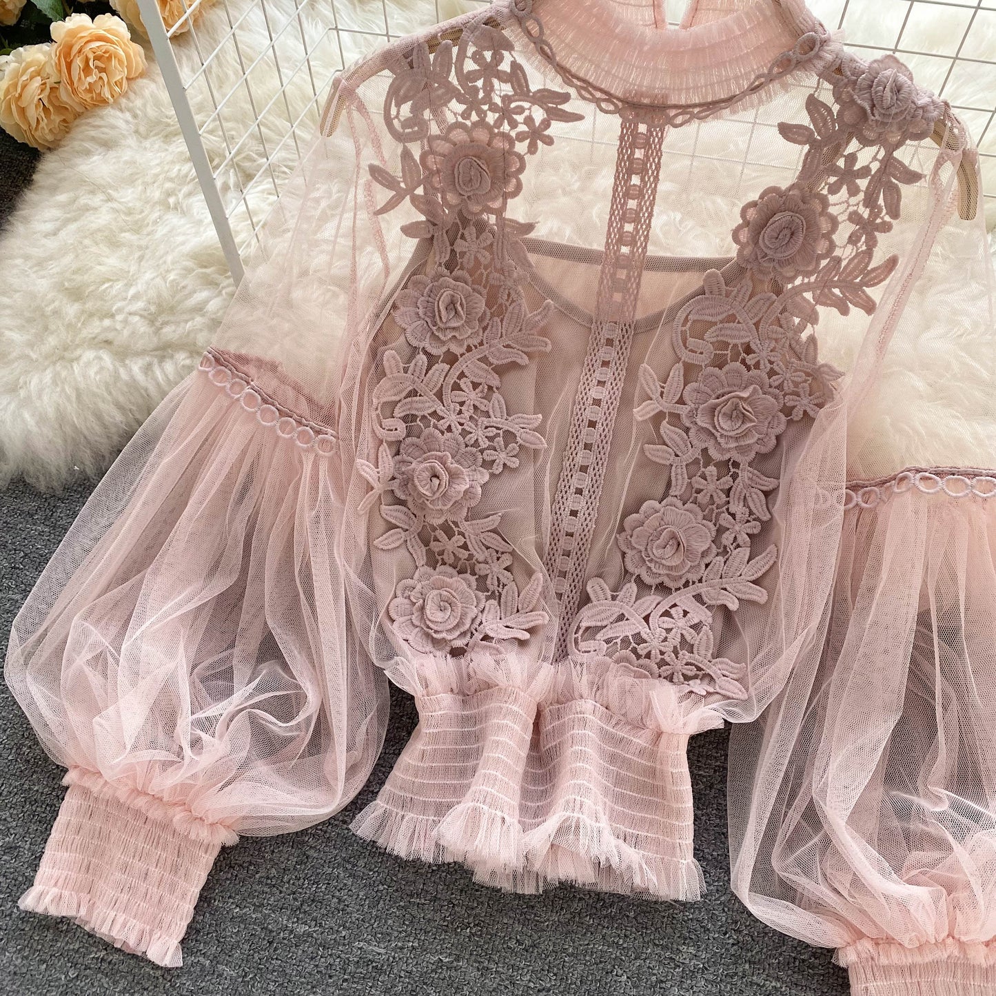 Ethereal Mesh Lantern-Sleeve Blouse
