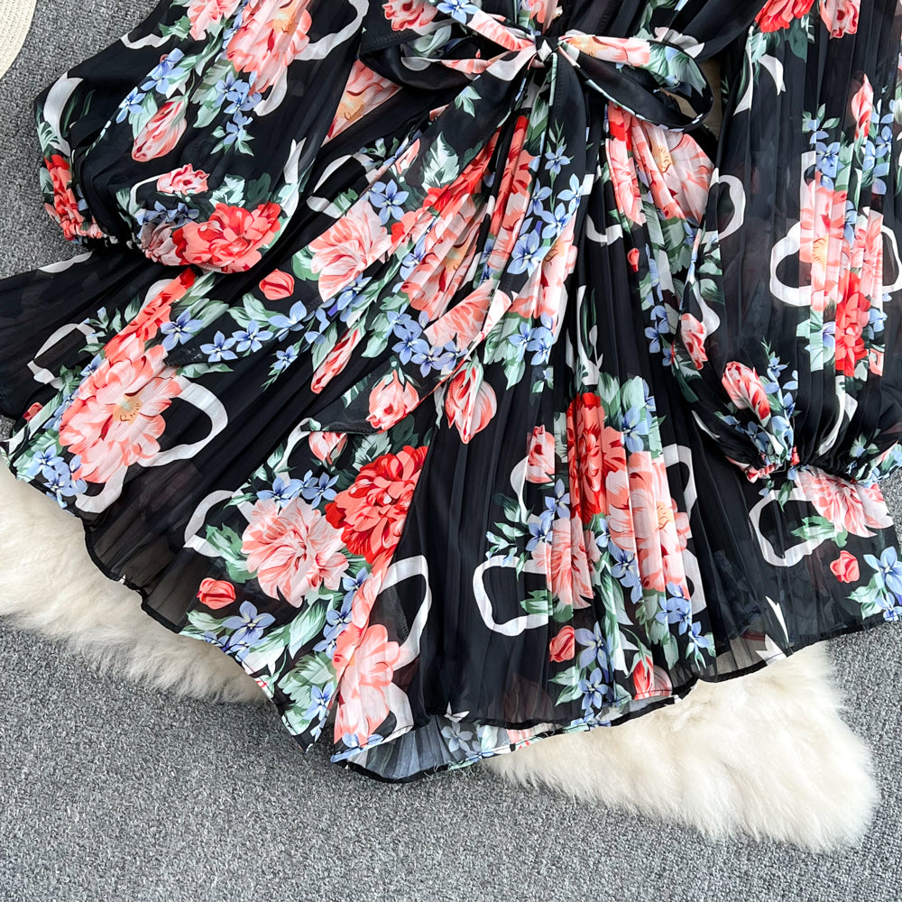Neck Waist Print V-Neck Pleated Jumpsuit