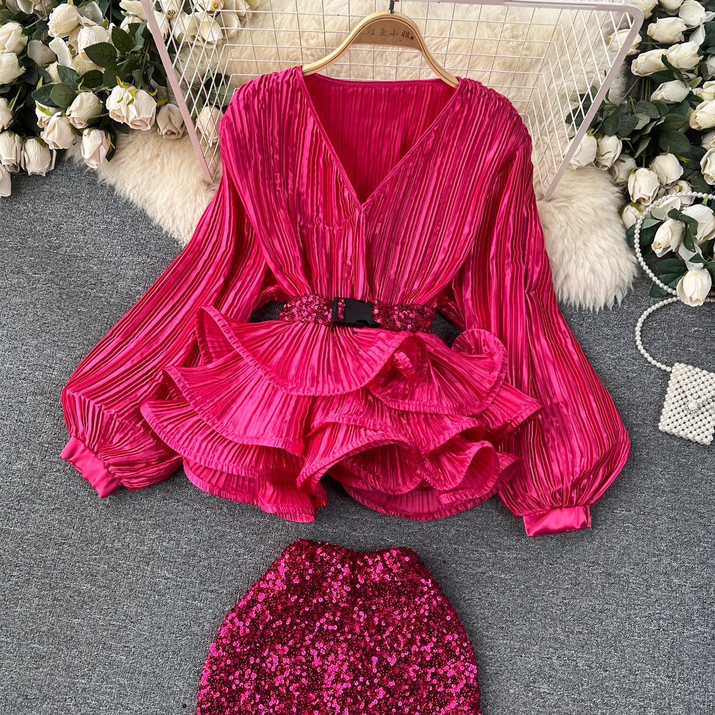 Glam Ruffle Blouse & Sequin Skirt Ensemble