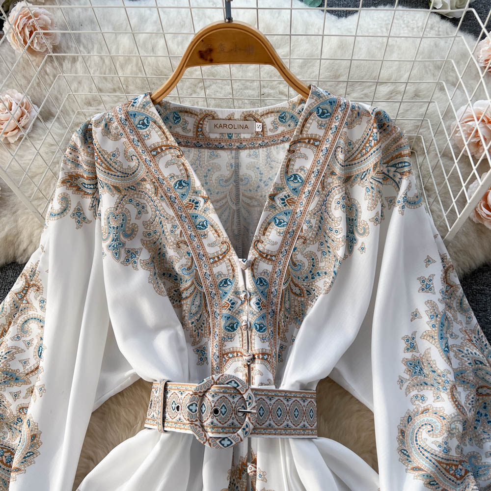 Ethnic Style Floral Belted Dress