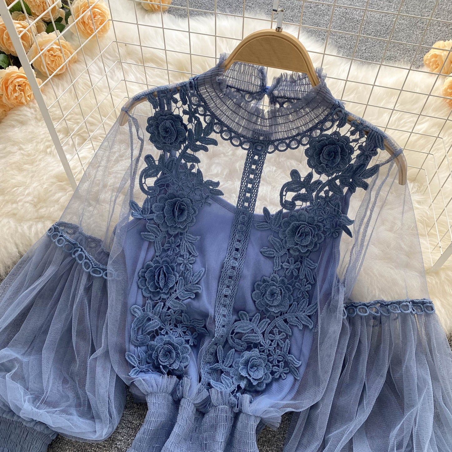 Ethereal Mesh Lantern-Sleeve Blouse