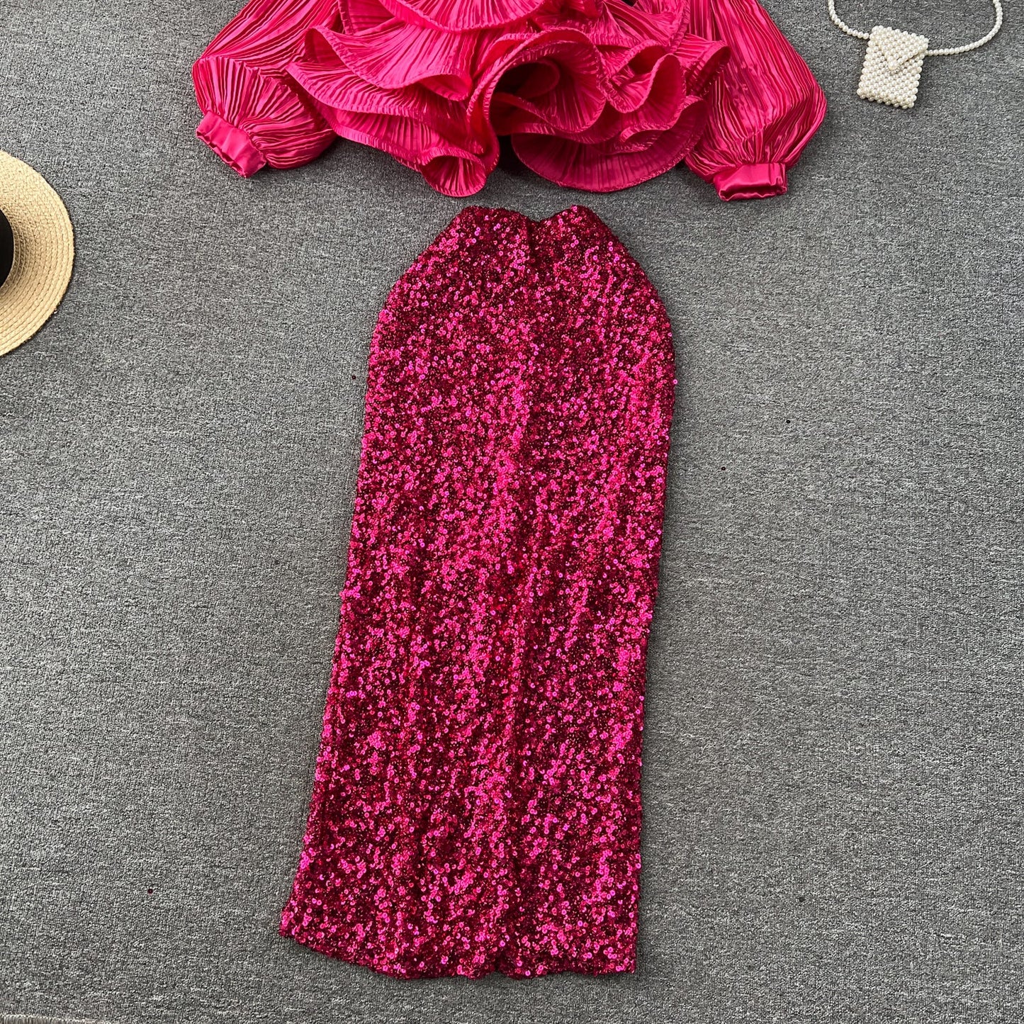 Glam Ruffle Blouse & Sequin Skirt Ensemble