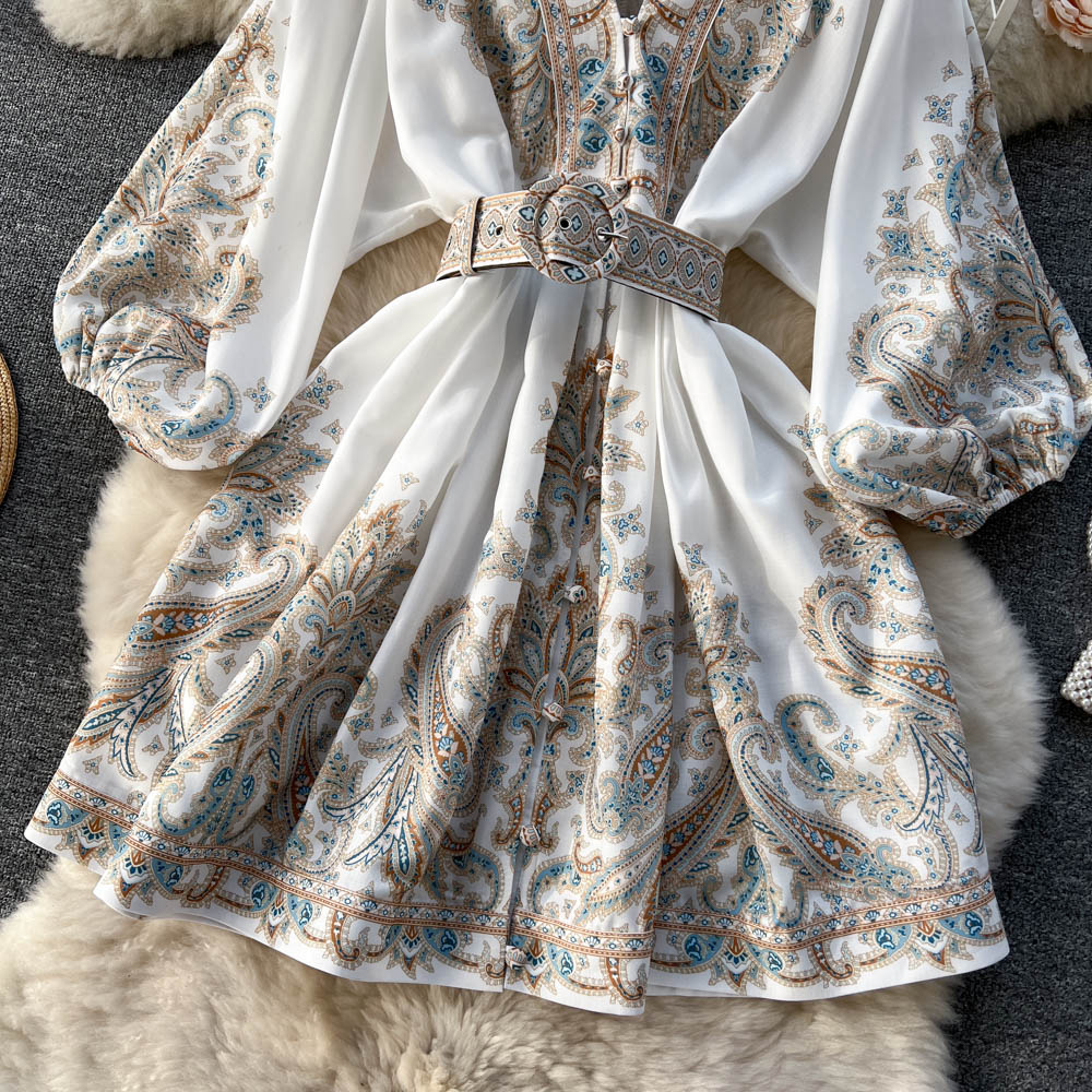 Ethnic Style Floral Belted Dress