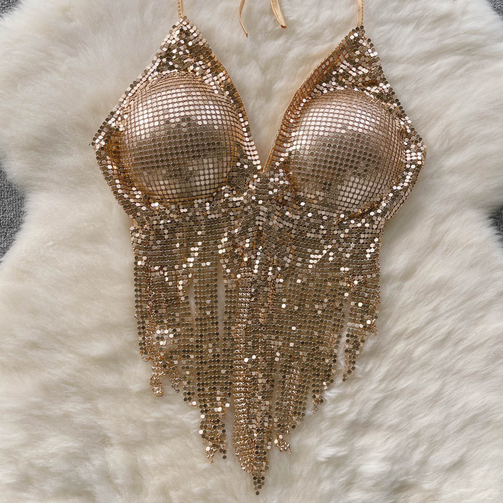 Disco Sequin Halter Vest with Long Tassels