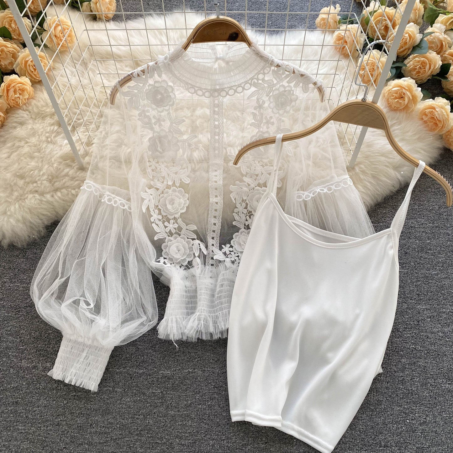 Ethereal Mesh Lantern-Sleeve Blouse