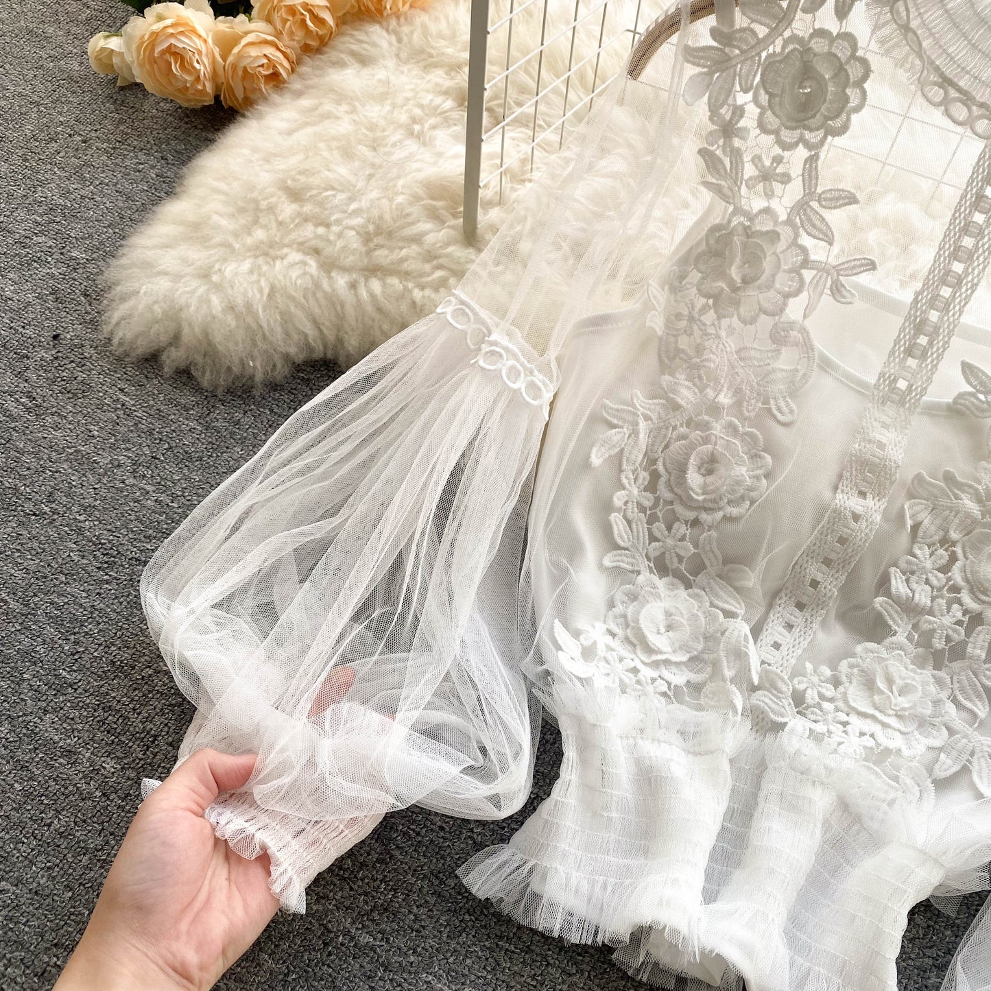 Ethereal Mesh Lantern-Sleeve Blouse