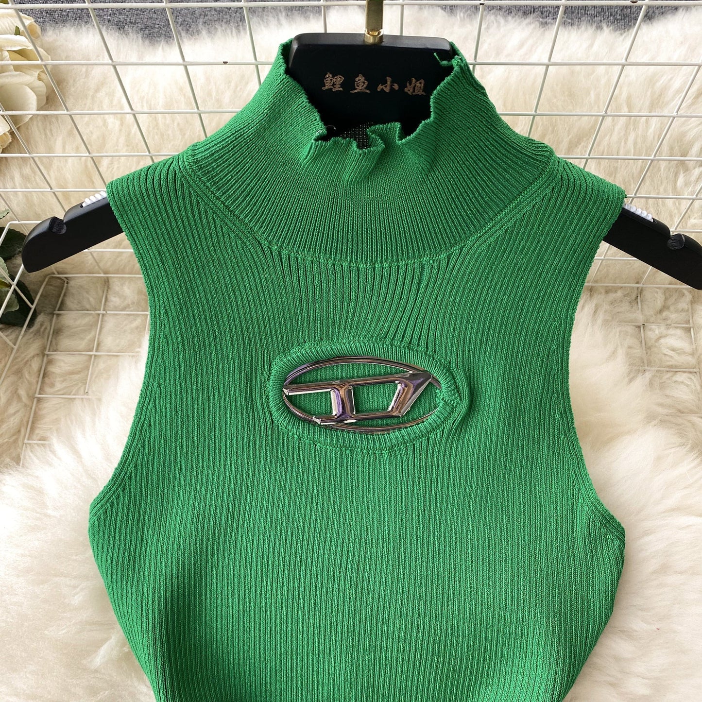 Open-Knit Semi-Turtleneck Bodycon Dress