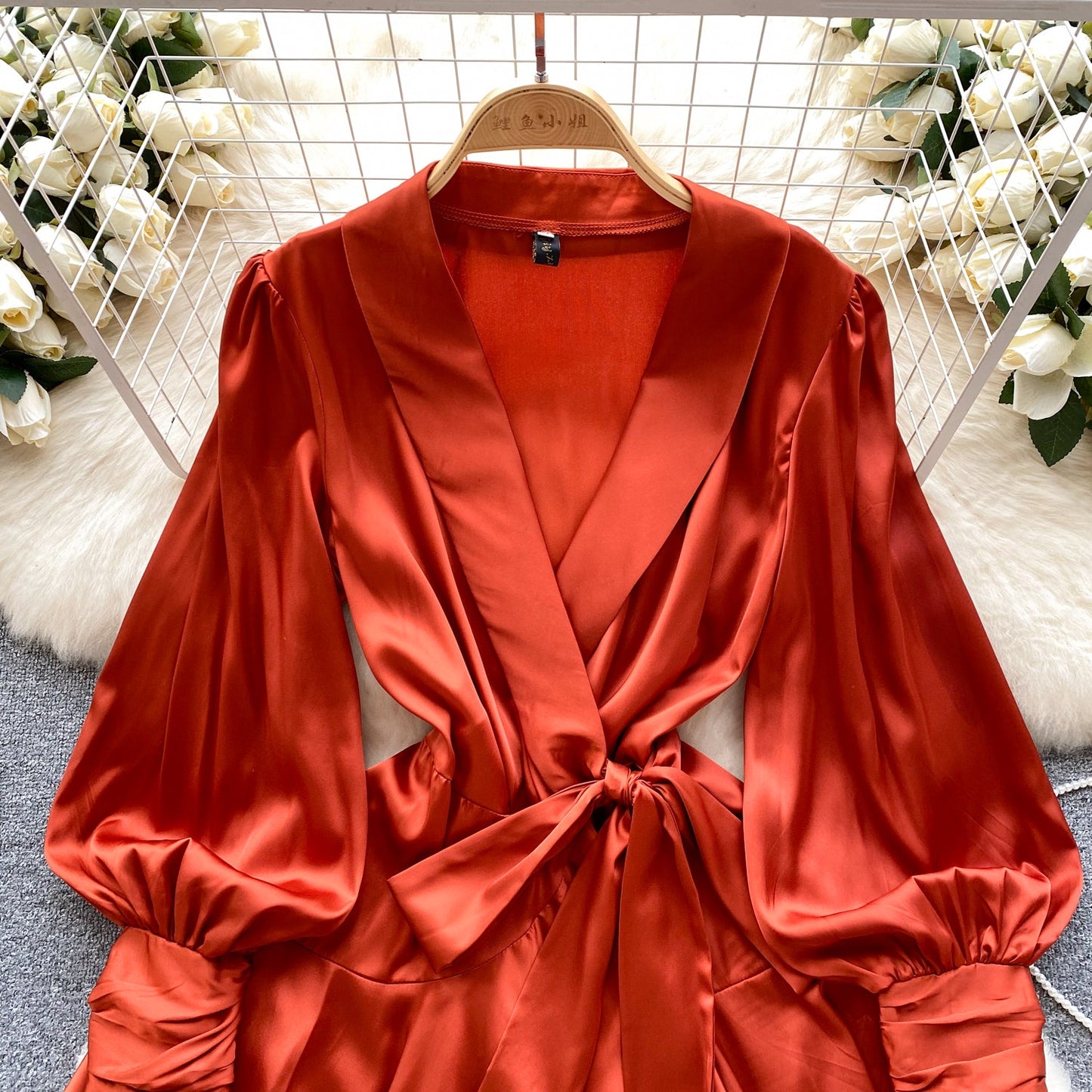 Shawl Collar Satin Wrap Dress