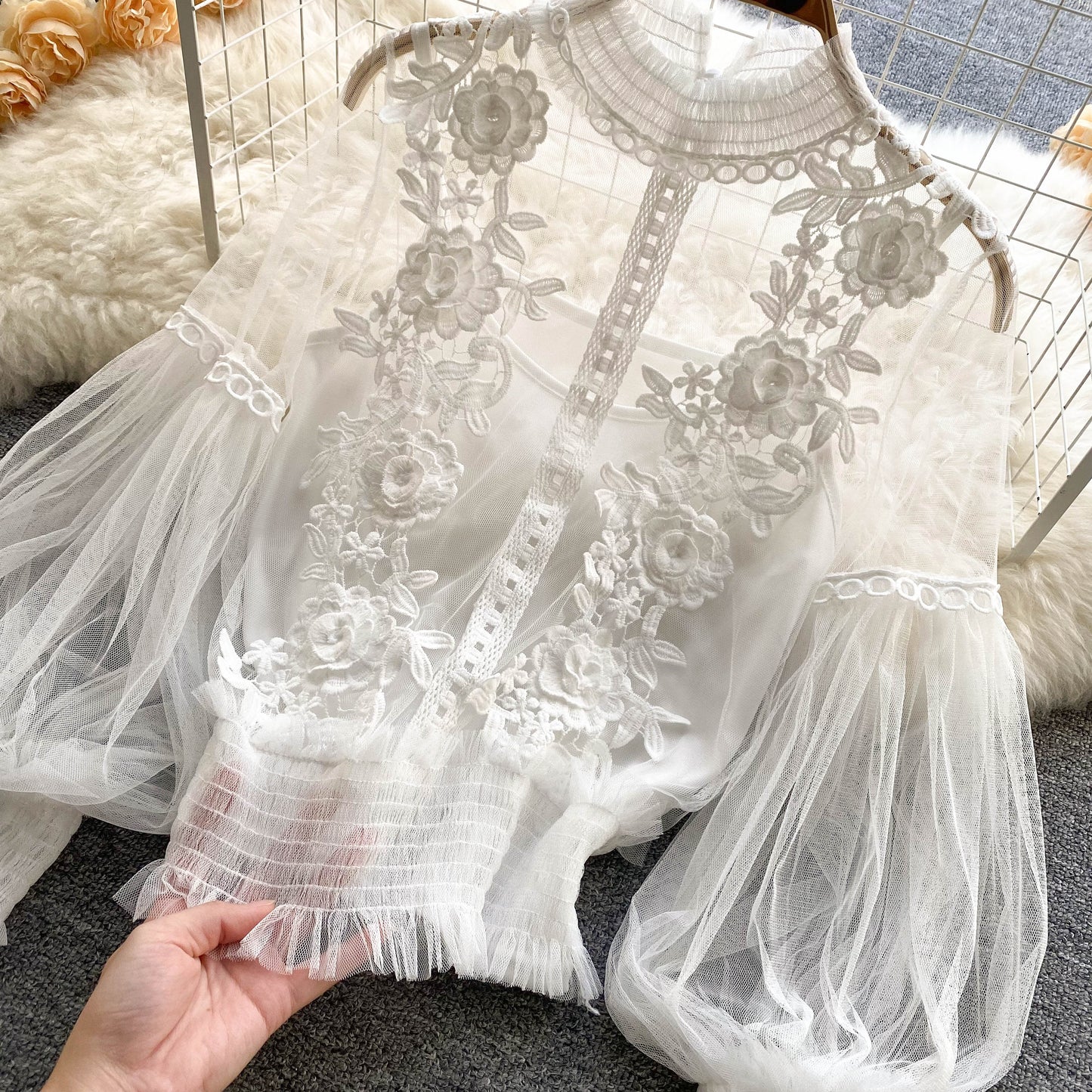 Ethereal Mesh Lantern-Sleeve Blouse