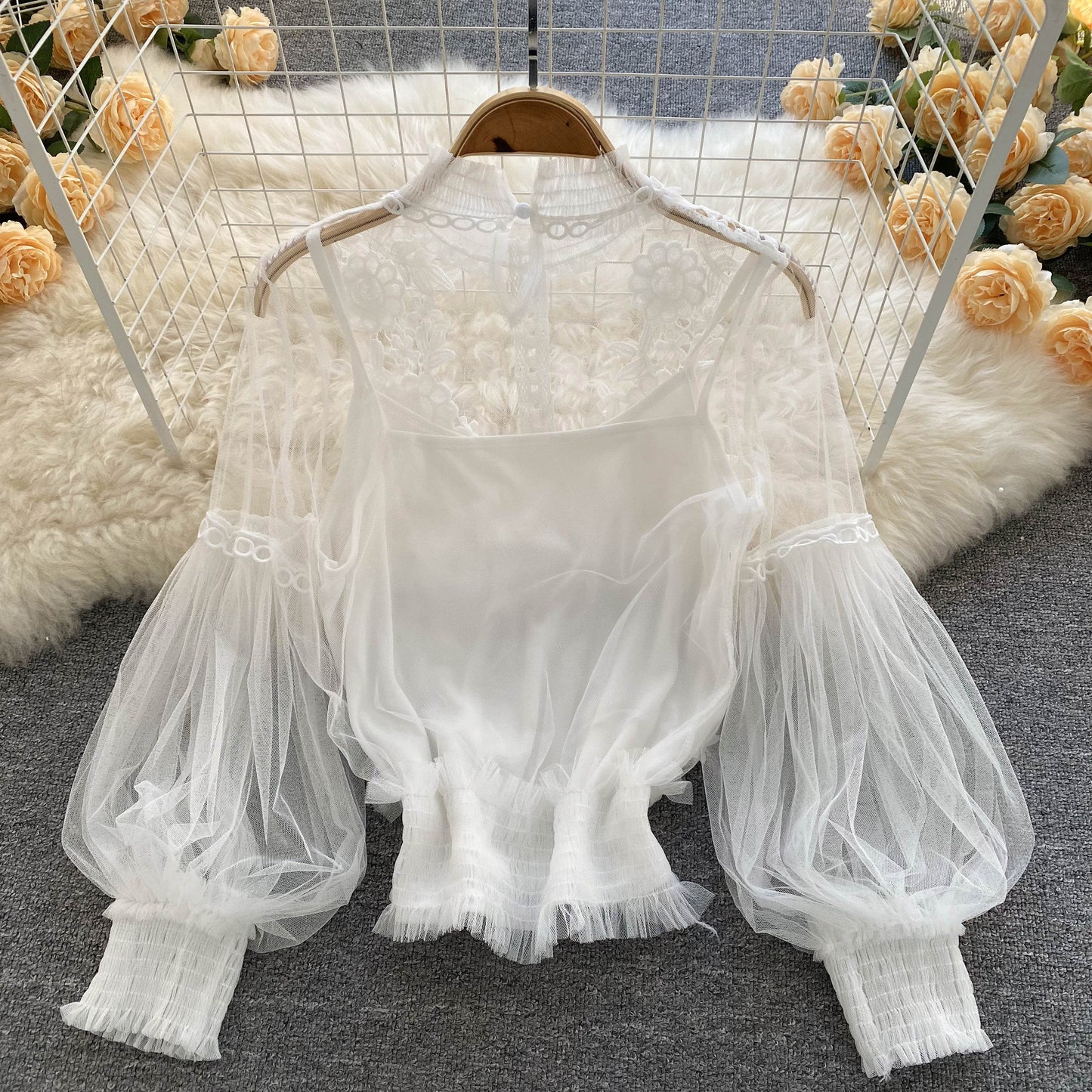 Ethereal Mesh Lantern-Sleeve Blouse
