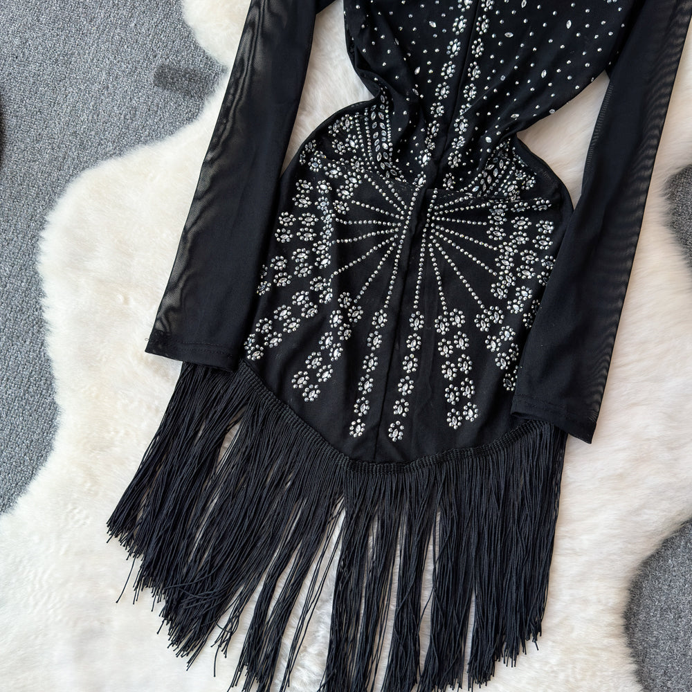 Sequin Fringe Black Cocktail Dress
