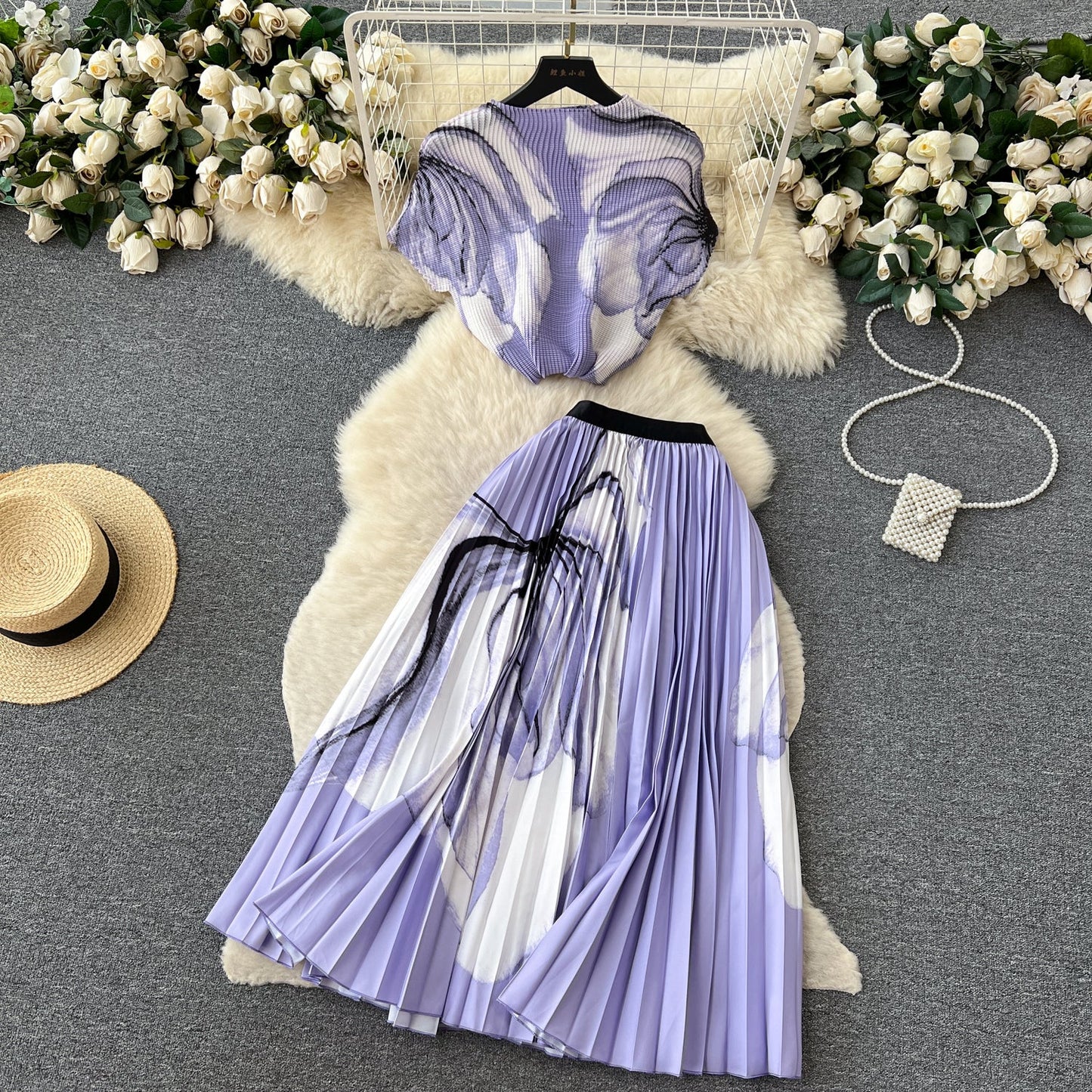Matching Printed Shirt & Pleated Skirt Set
