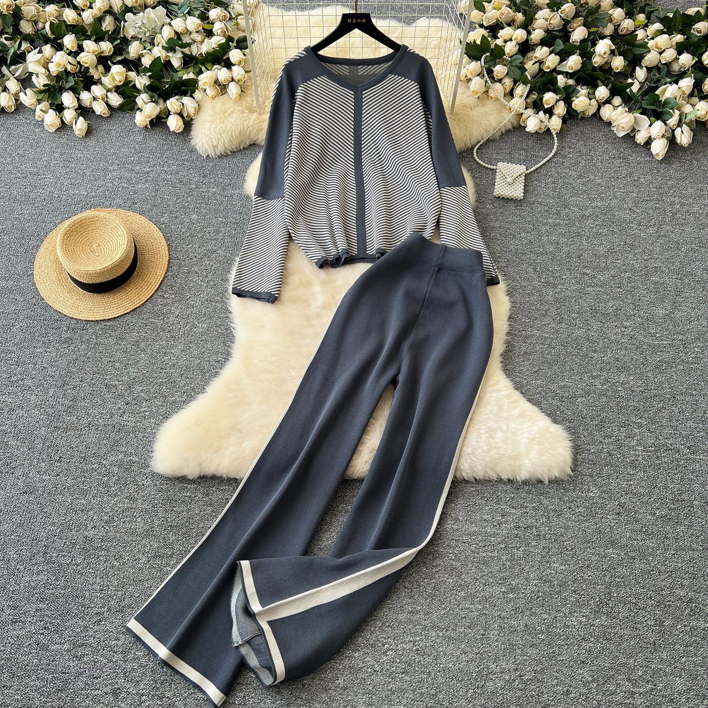Striped V-Neck Knit Set – Sweater & Trousers
