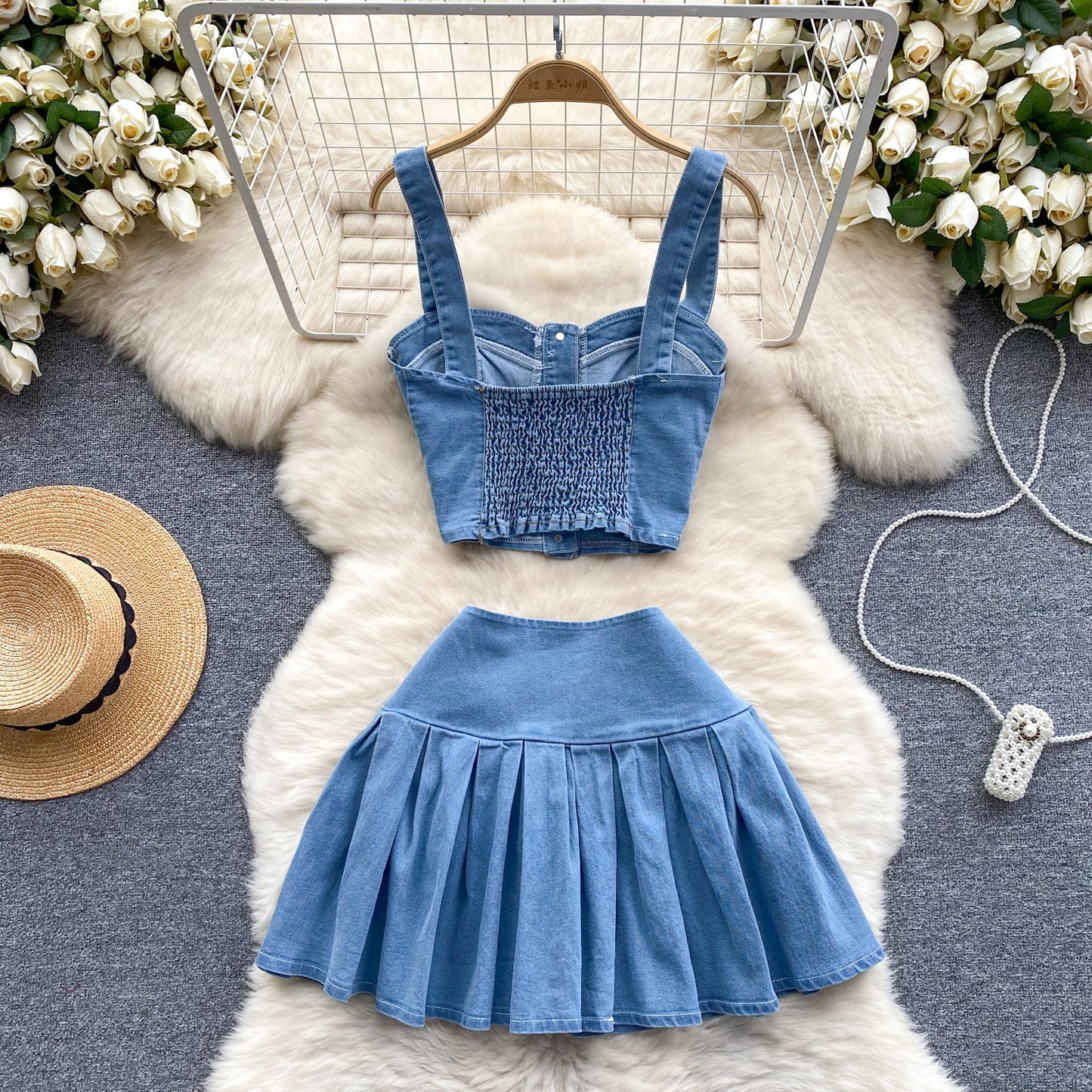 Denim Camisole & Pleated Skirt Set