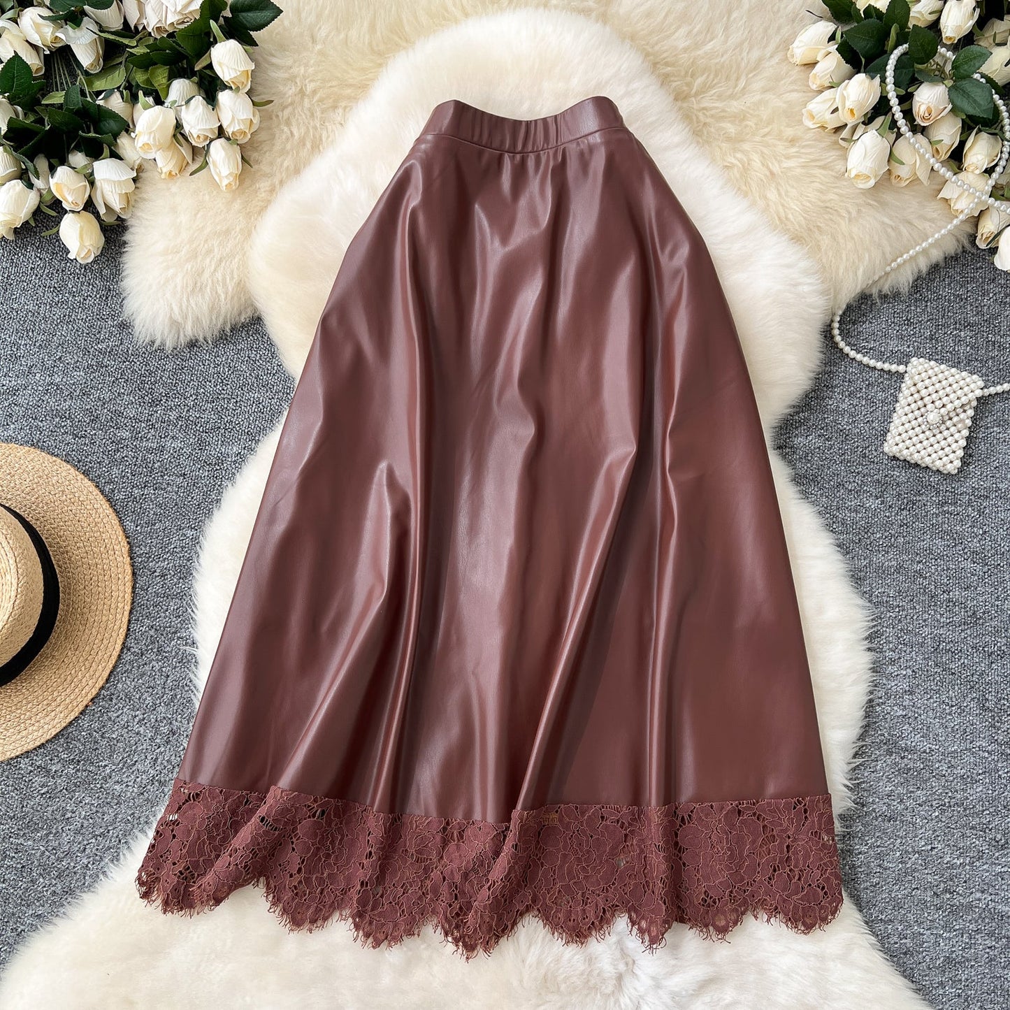 Geometric Lace & Faux Leather Midi Skirt