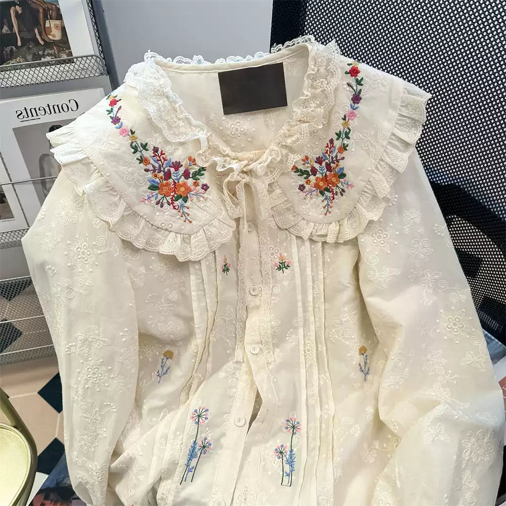 Victorian-Inspired Doll Collar Embroidered Blouse