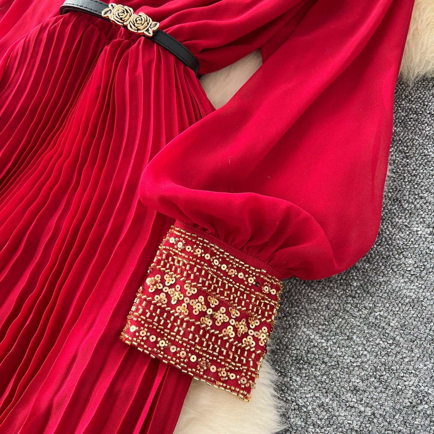 Rhinestone Embellished Pleated Dress