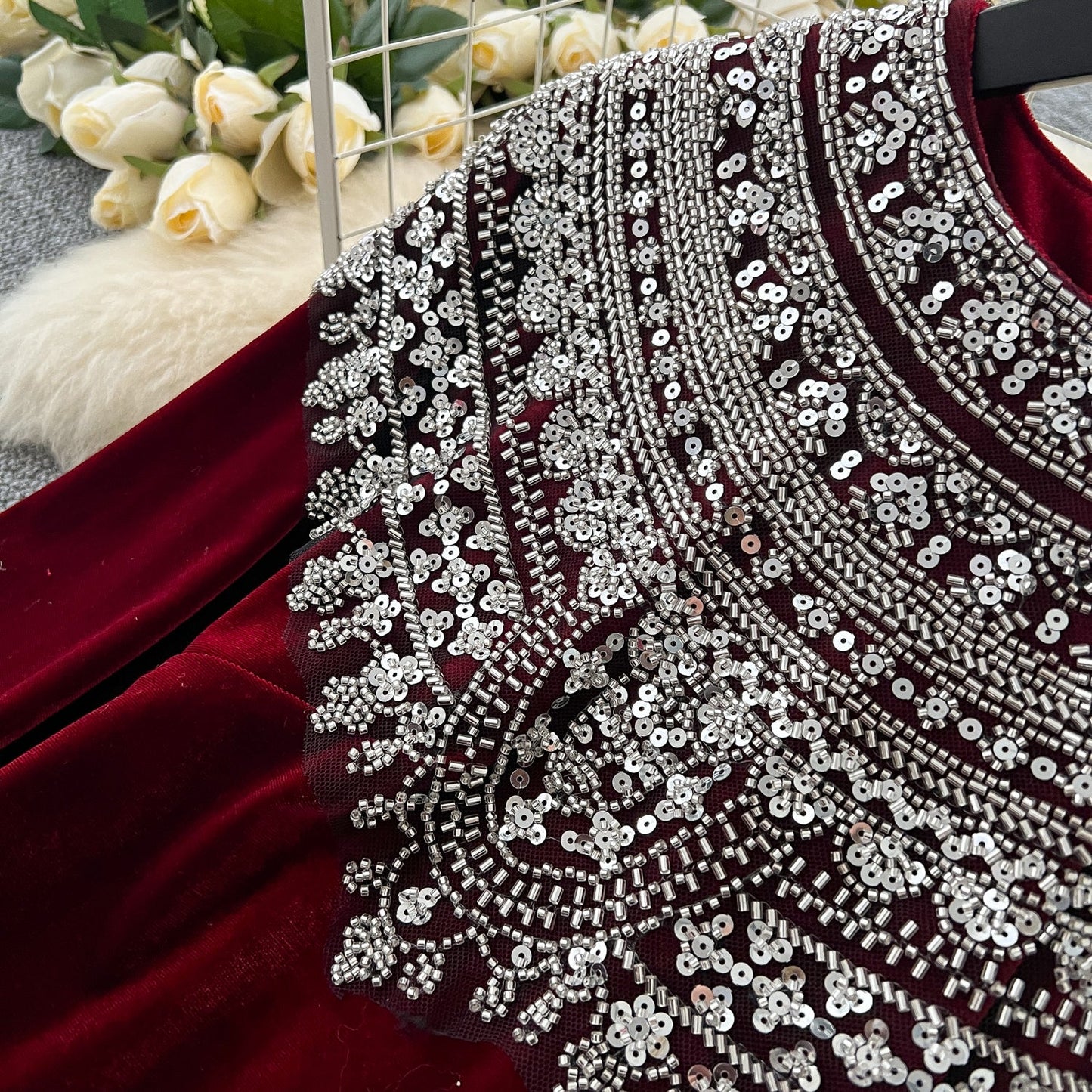 Bead-Adorned Suede Maxi Dress