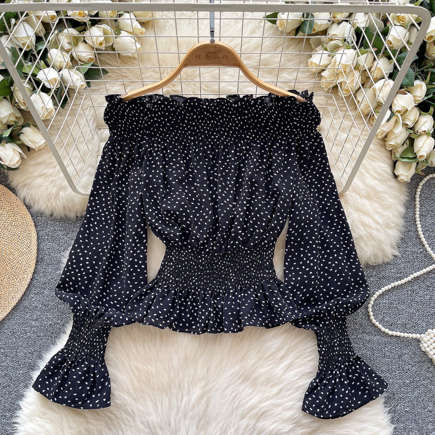 Retro-Inspired Off-Shoulder Dot Print Top