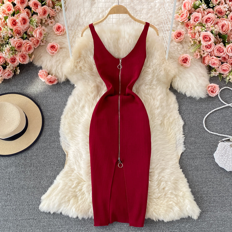 Bodycon Knit Dress with Front Zipper