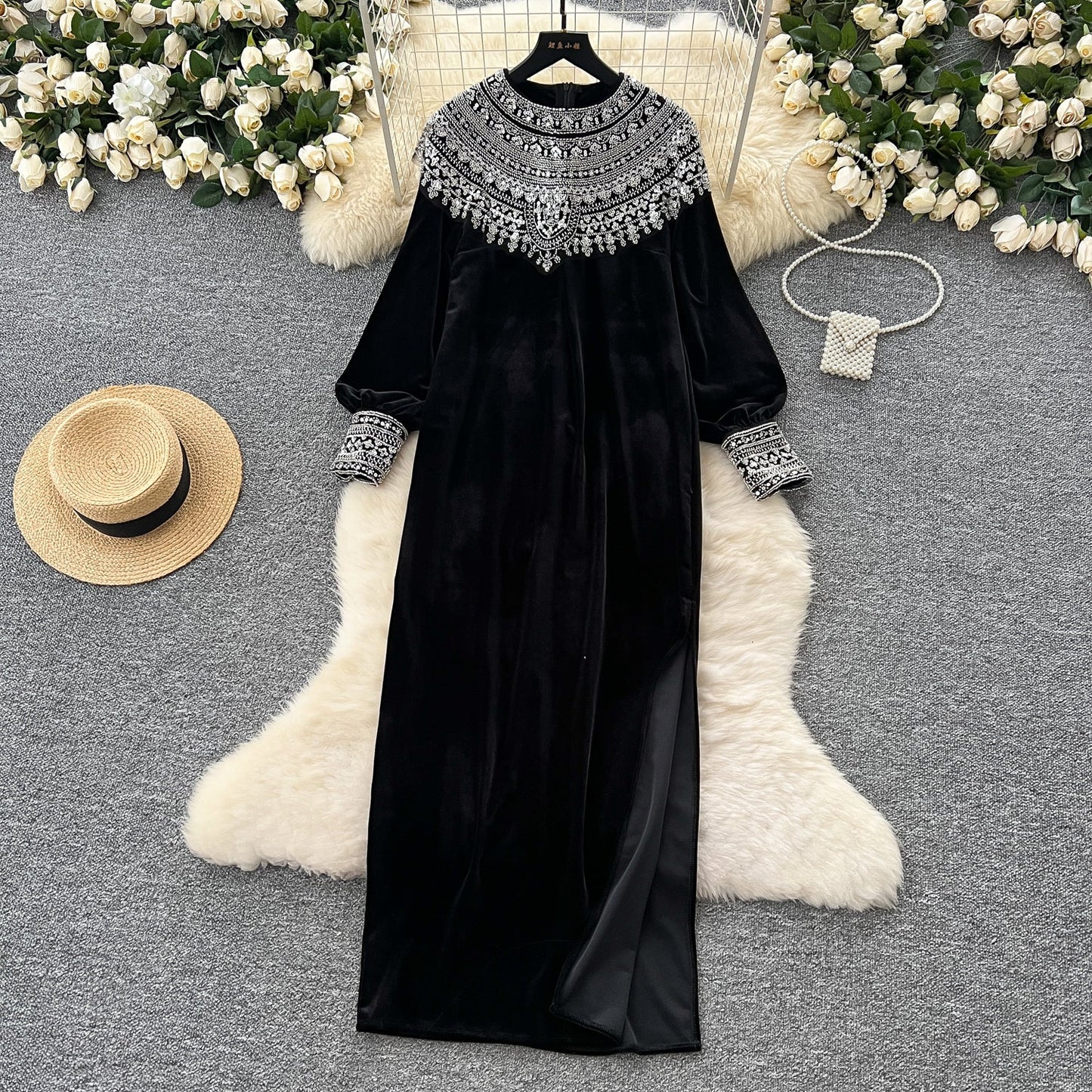 Bead-Adorned Suede Maxi Dress
