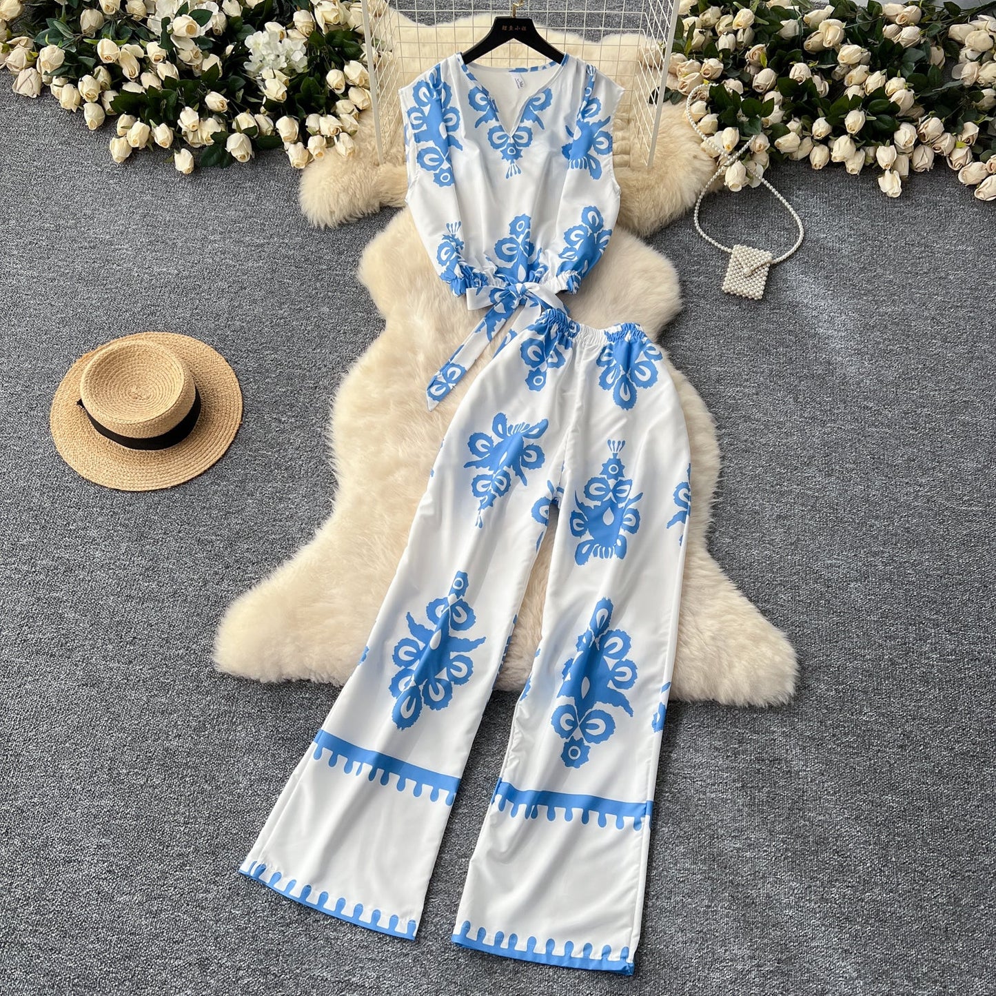 Printed Sleeveless Top & Wide Leg Pants Set