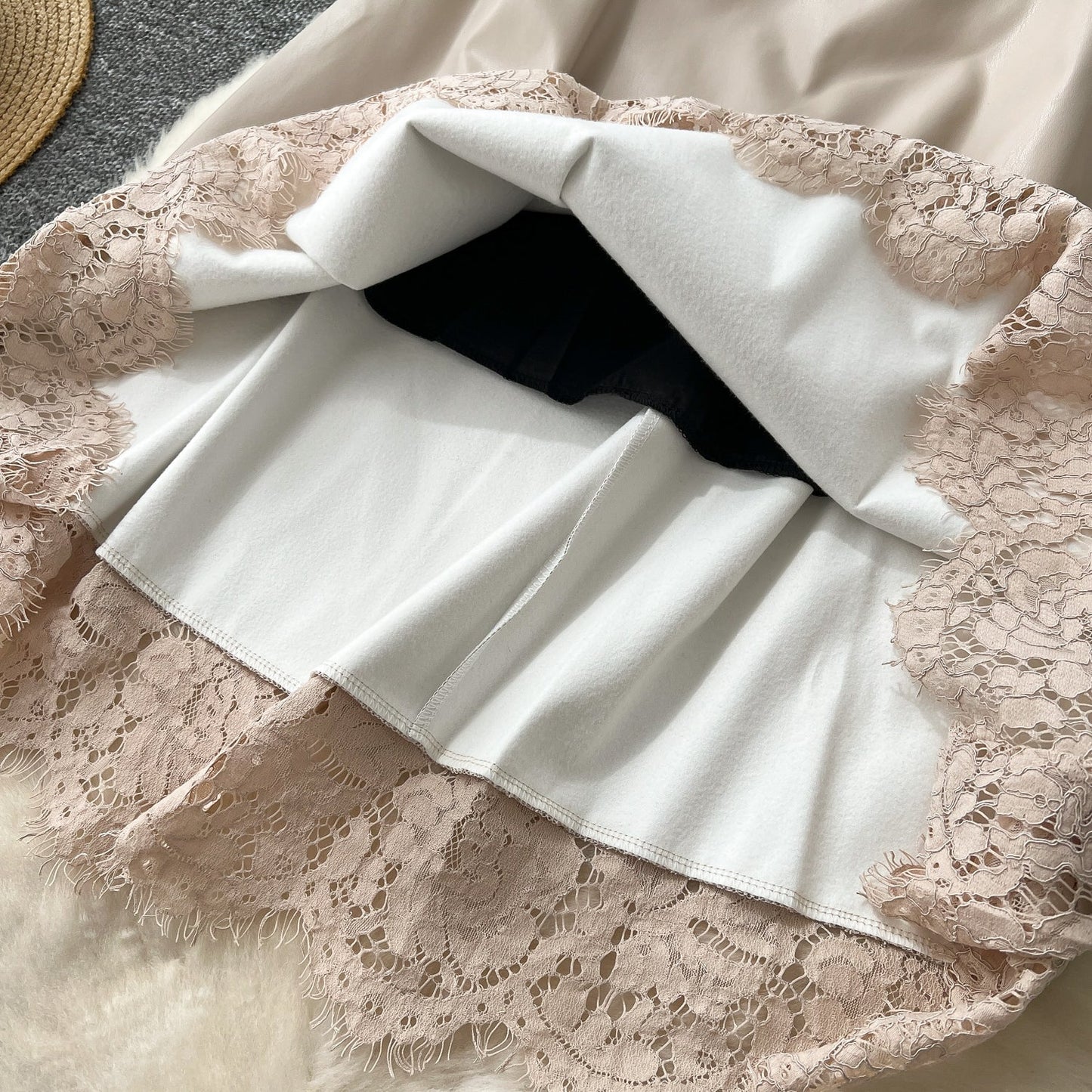Geometric Lace & Faux Leather Midi Skirt