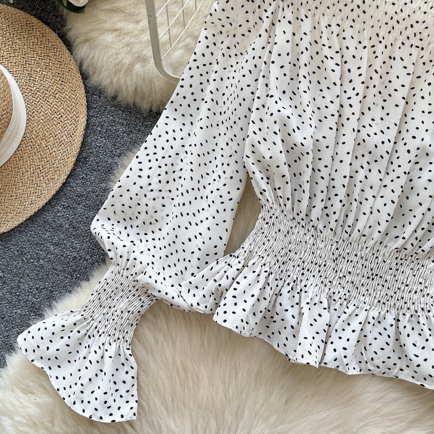 Retro-Inspired Off-Shoulder Dot Print Top