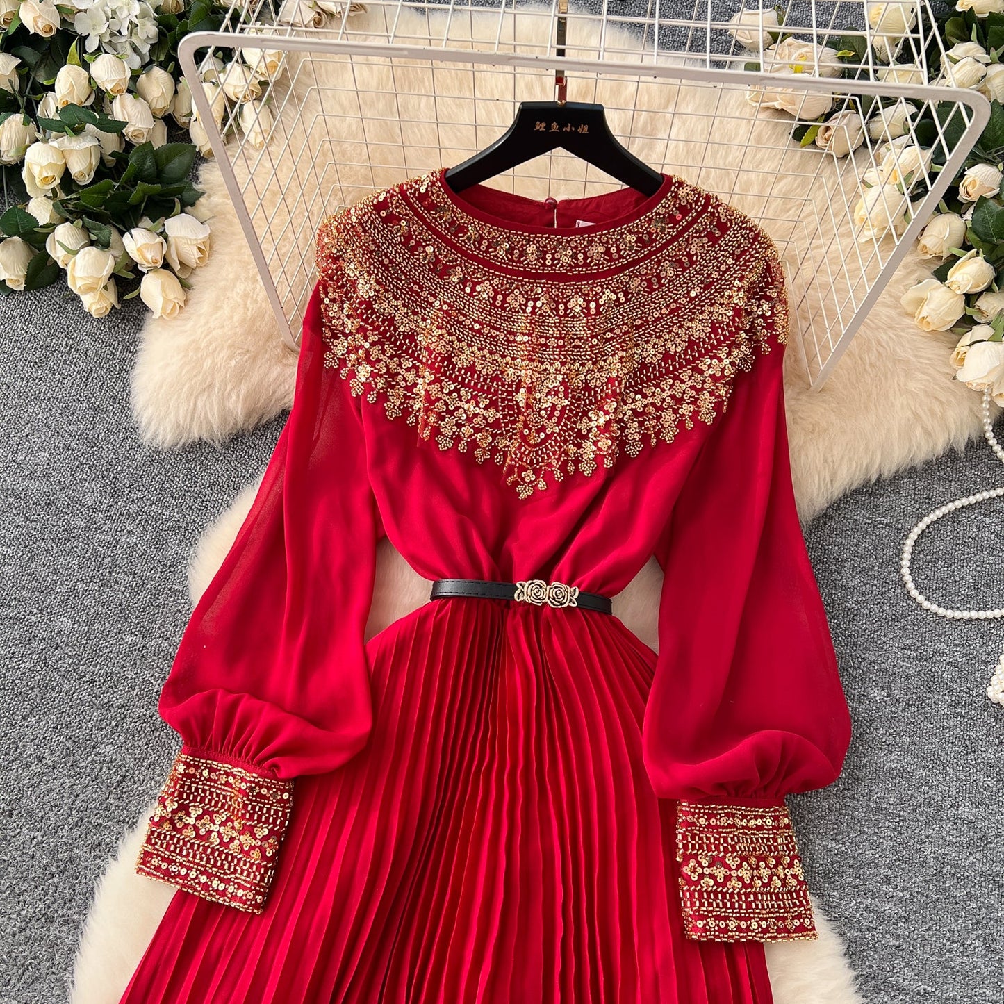 Rhinestone Embellished Pleated Dress
