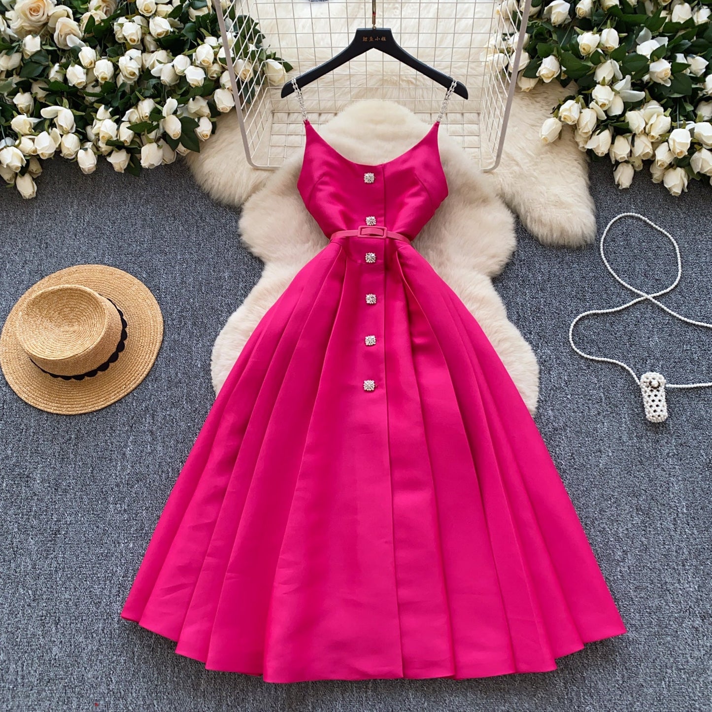 Elegant Pleated Slip Dress with Waist Belt