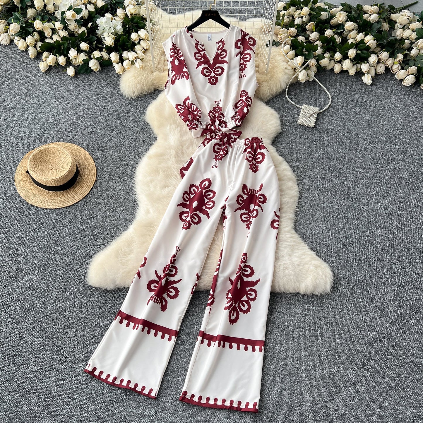 Printed Sleeveless Top & Wide Leg Pants Set