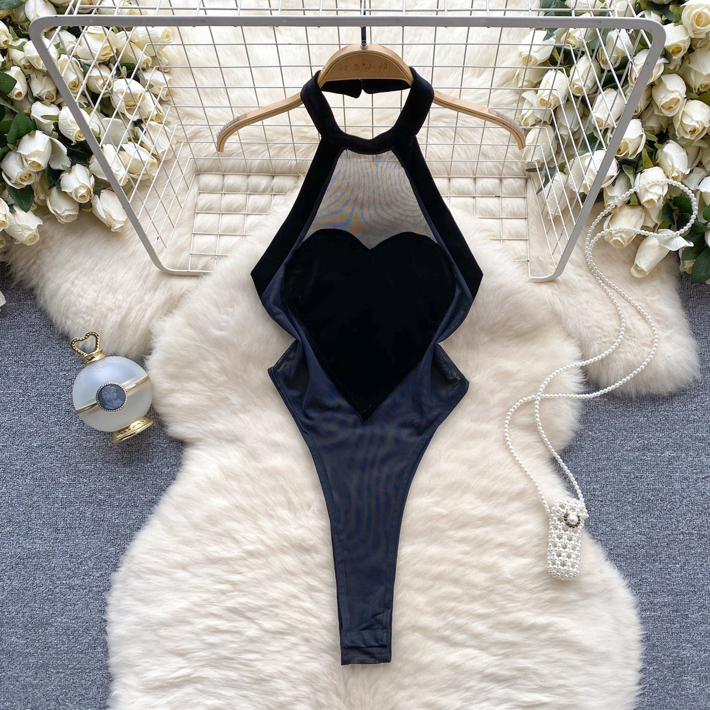 Sheer Mesh Cutout Halter Romper