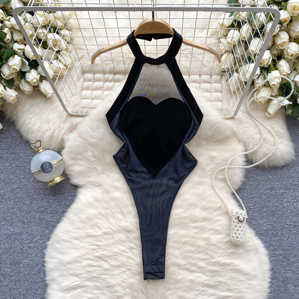 Sheer Mesh Cutout Halter Romper