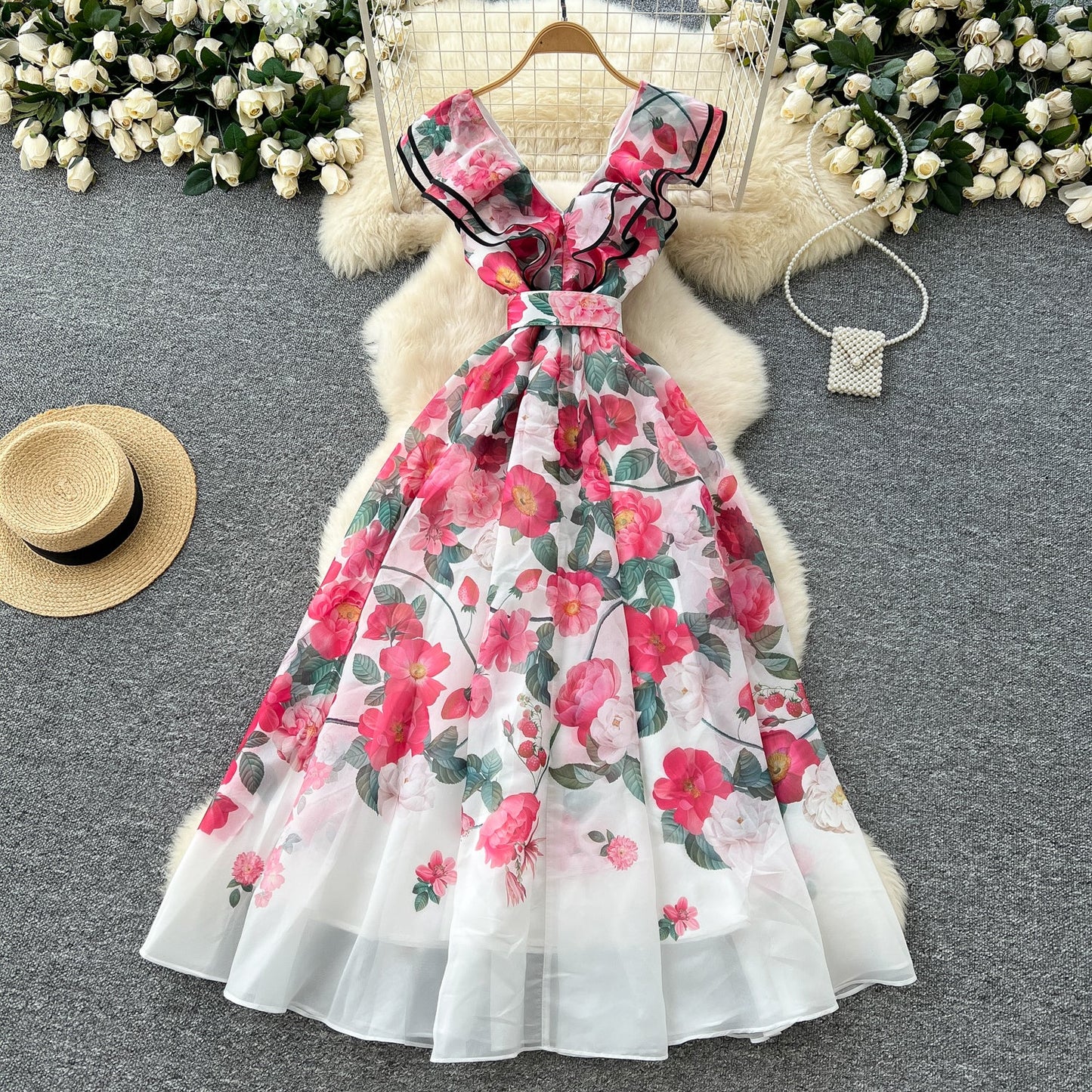 Blossom Cascade V-Neck Ruffles Dress